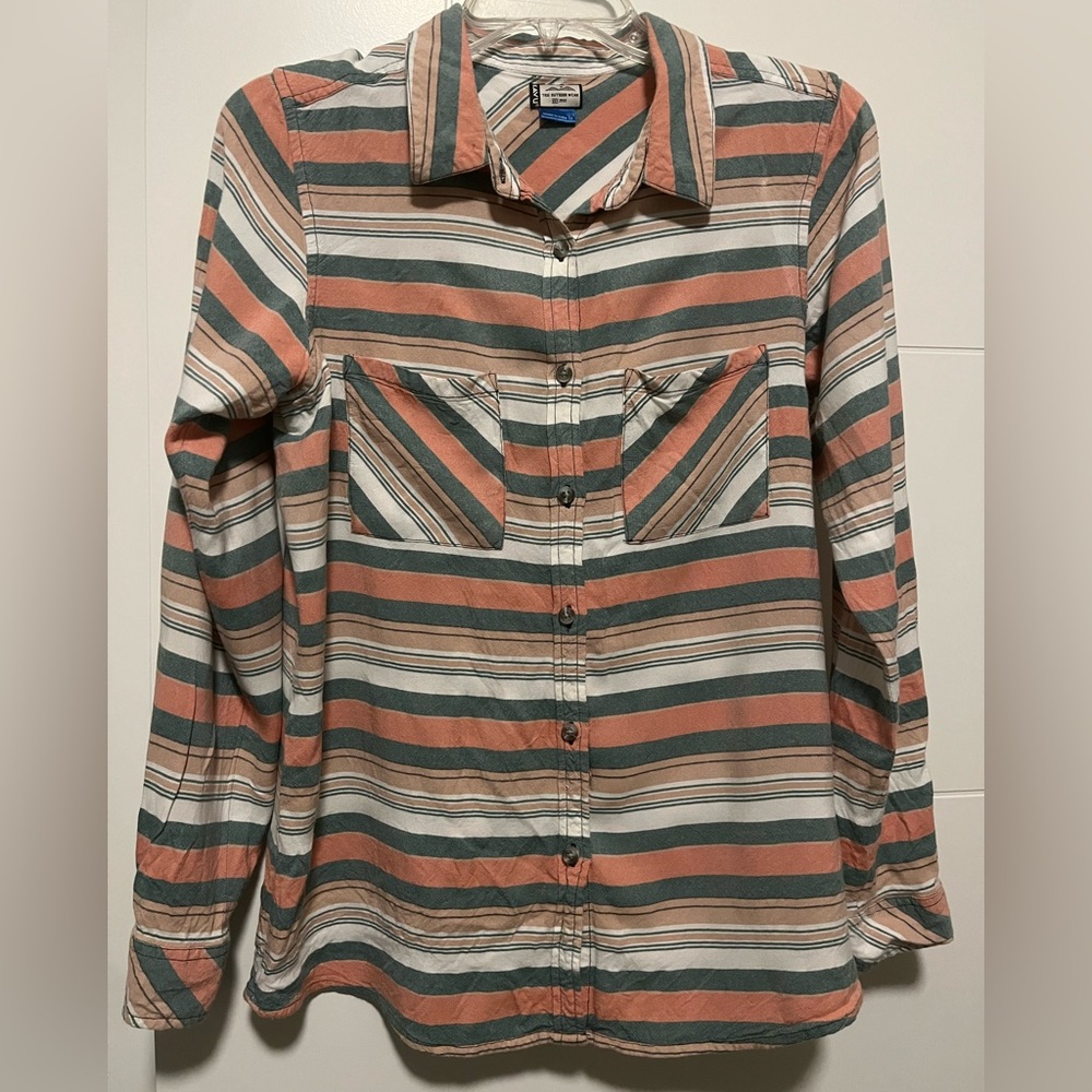 Kavu Britt Rayon Striped Button-Up in Coral, Teal & Cream